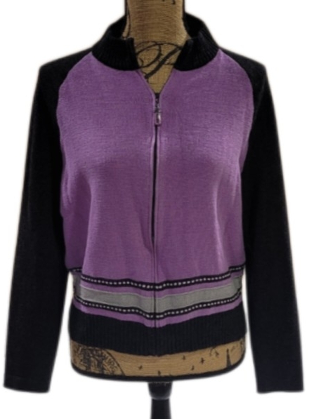 St. John Sport by Marie Gray Purple and Black Zip Front Knit Cardigan Vtg